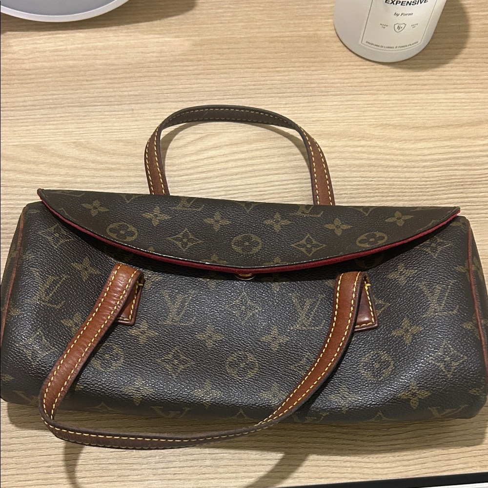 Vintage Louis Vuitton Brown Monogram Canvas Handbag with Red Trim